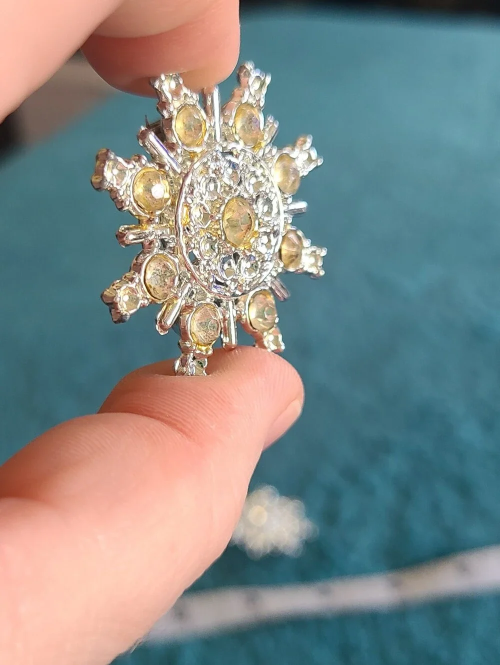 Pair Of Vintage Silver-Tone Brooches with Crystal Snowflake Design